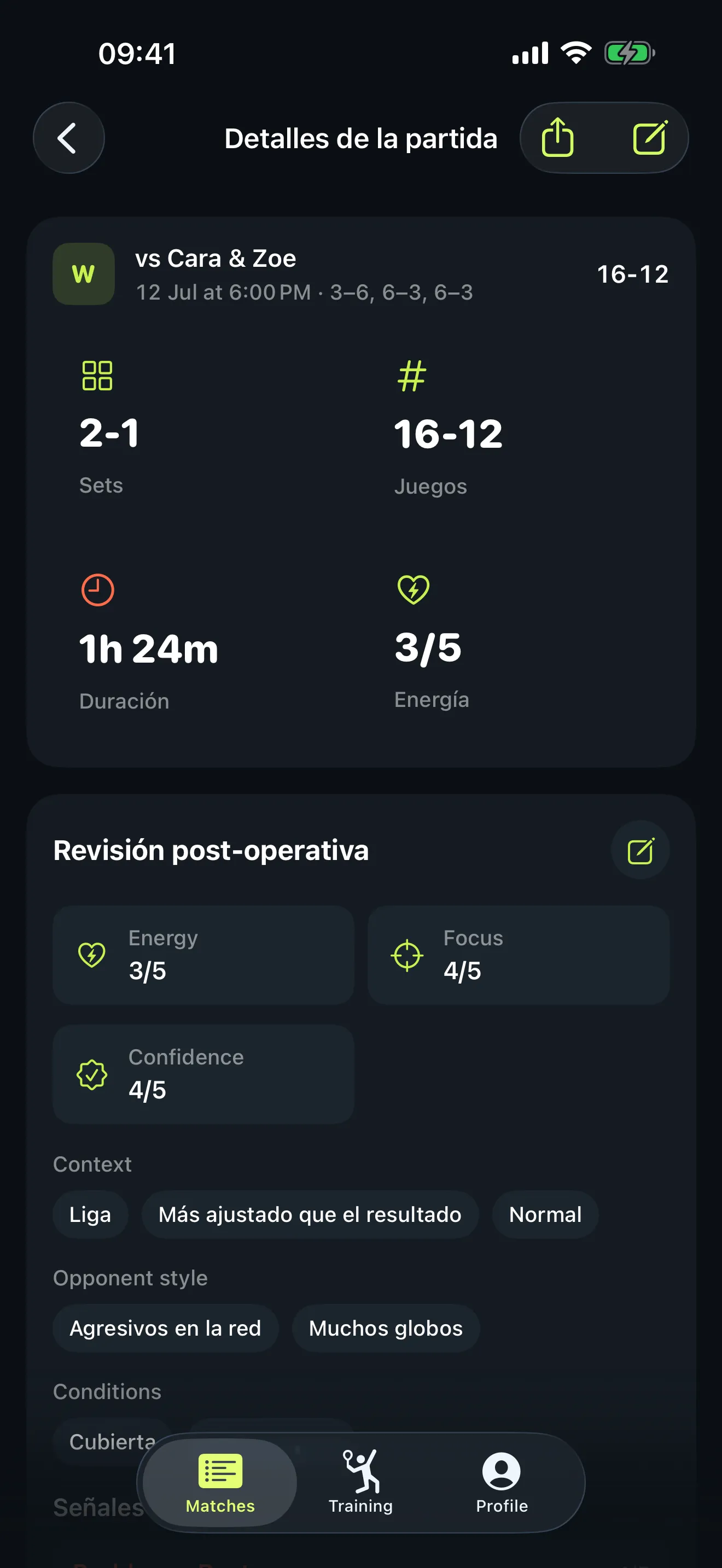 Pantalla de detalle de partido de Start Padel con sets, juegos, duración y energía de un partido terminado, y un panel de repaso que valora energía, esfuerzo, concentración, confianza y temple.