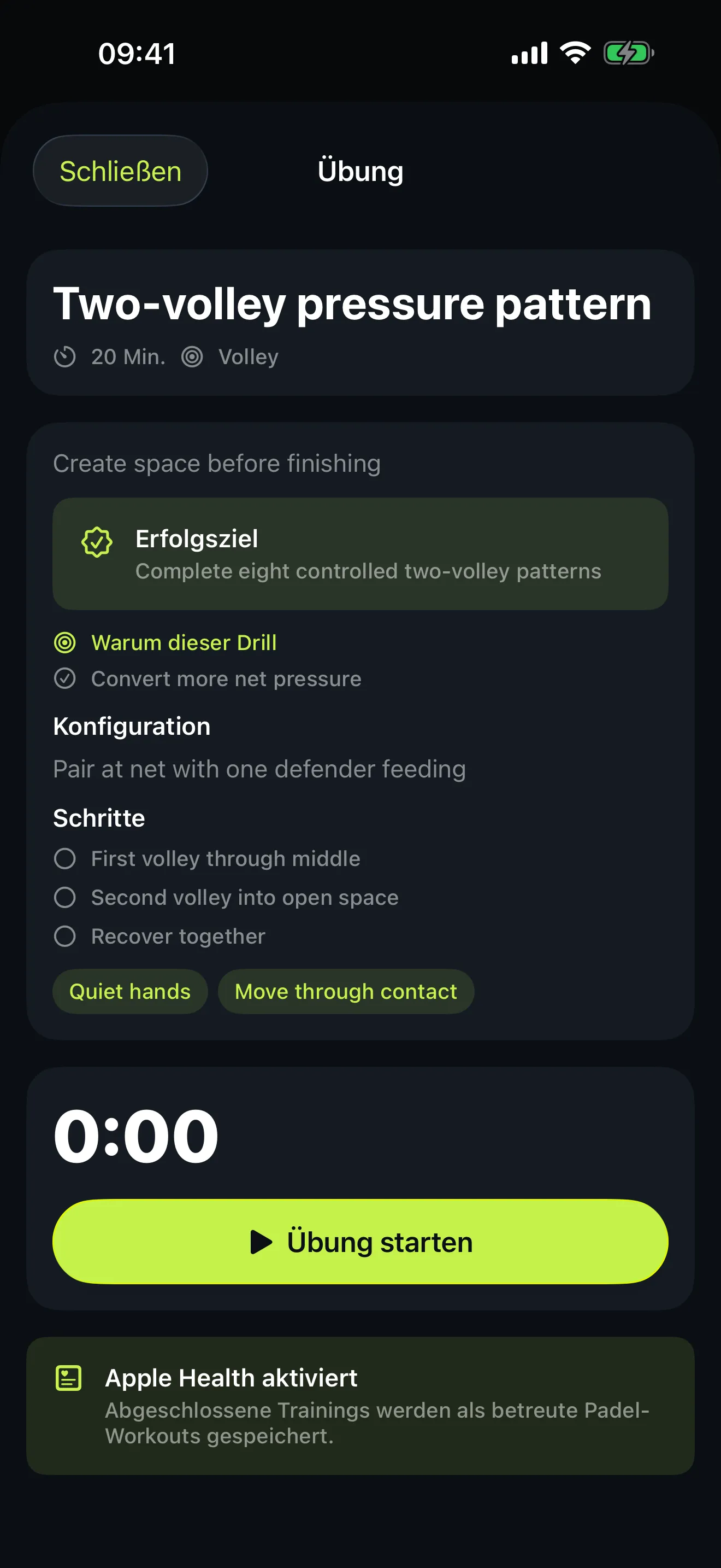 Übungsbildschirm von Start Padel für die Übung „Druckmuster mit zwei Volleys“ mit Erfolgsziel, Aufbau, nummerierten Schritten, Hinweisen und einem Timer.