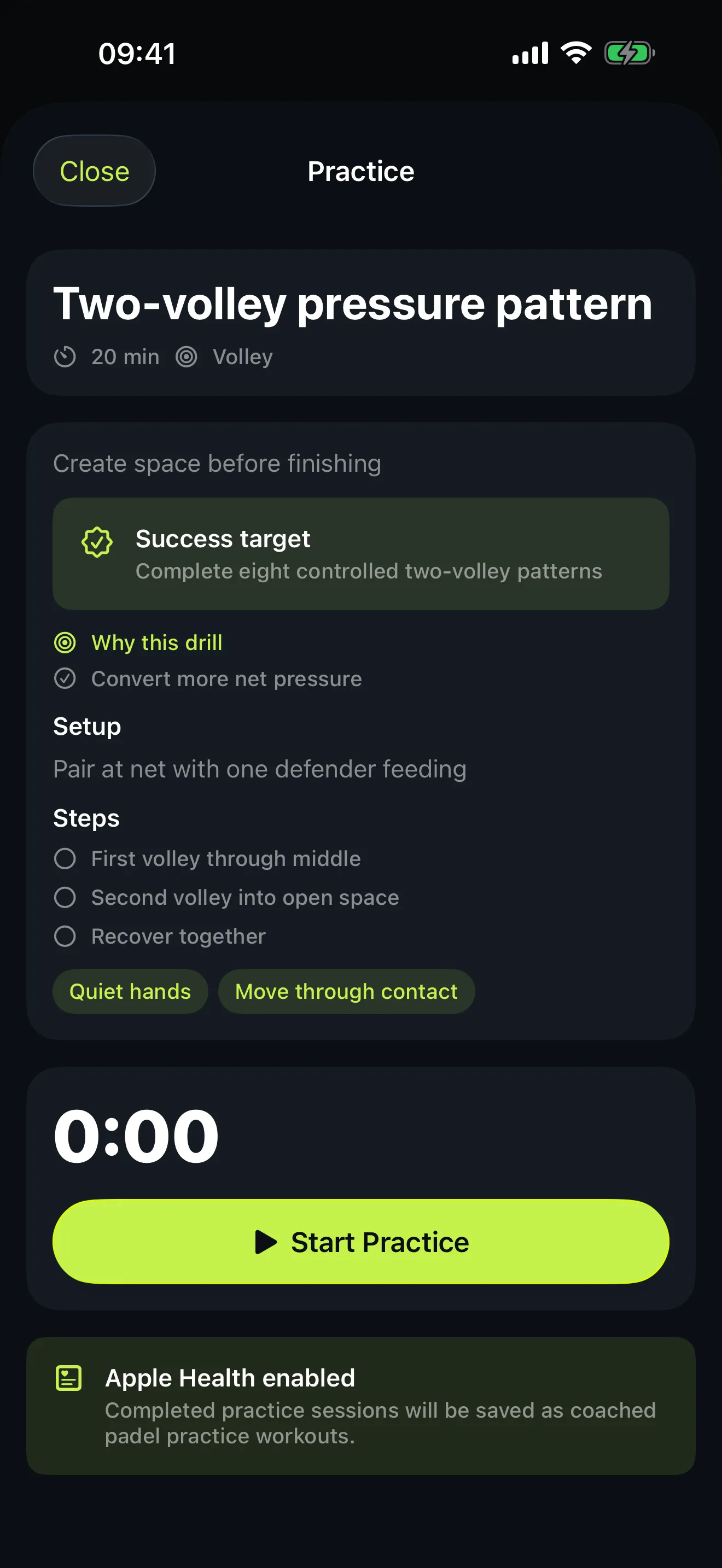 Start Padel practice screen for a "Two-volley pressure pattern" drill showing the success target, setup, numbered steps, coaching cues and a practice timer.