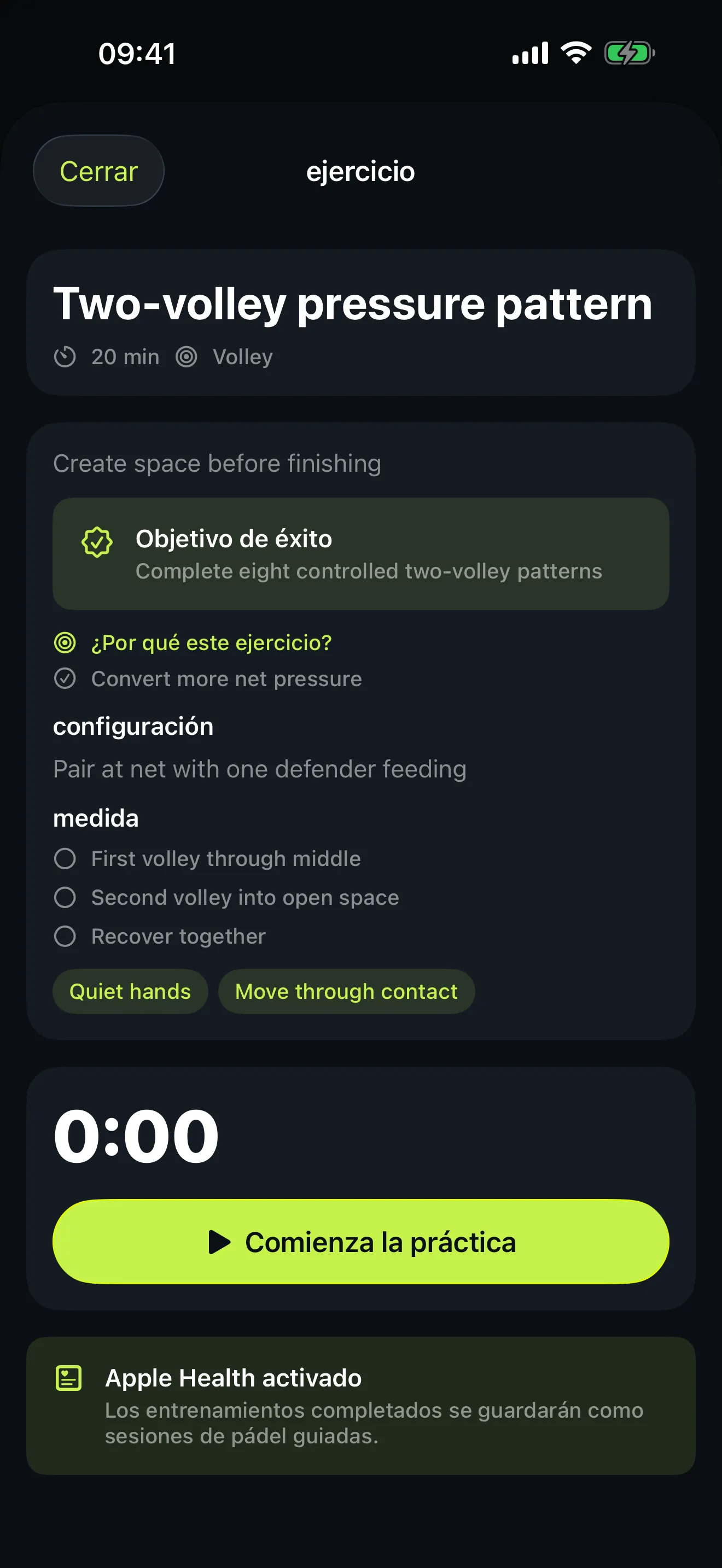 Pantalla de práctica de Start Padel para el ejercicio «patrón de presión a dos voleas», con el objetivo de éxito, la preparación, los pasos numerados, consejos y un temporizador.