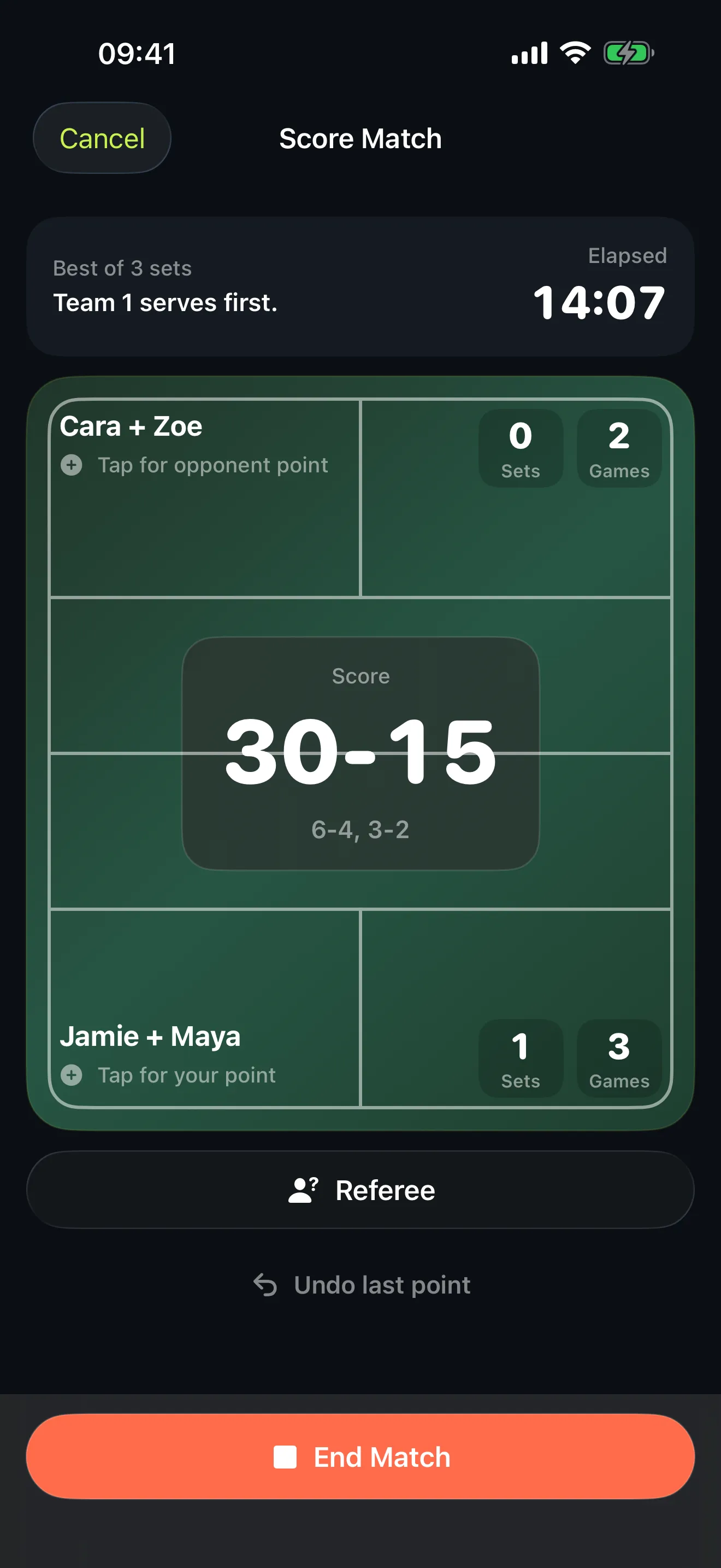 Start Padel live scoring screen showing a padel court scoreboard with the current game score, sets and games for each team, and an End Match button.