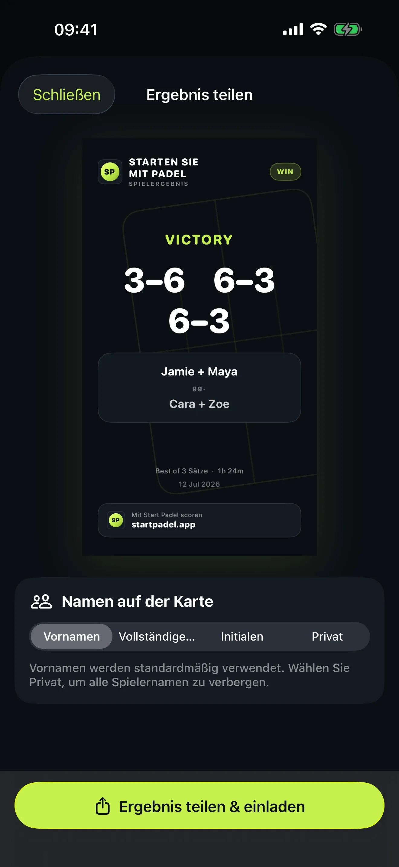 Teilen-Bildschirm von Start Padel mit einer vertikalen Ergebnis-Karte samt Satzergebnissen und beiden Paaren, darüber die Auswahl, ob Vornamen, volle Namen, Initialen oder keine Namen erscheinen.