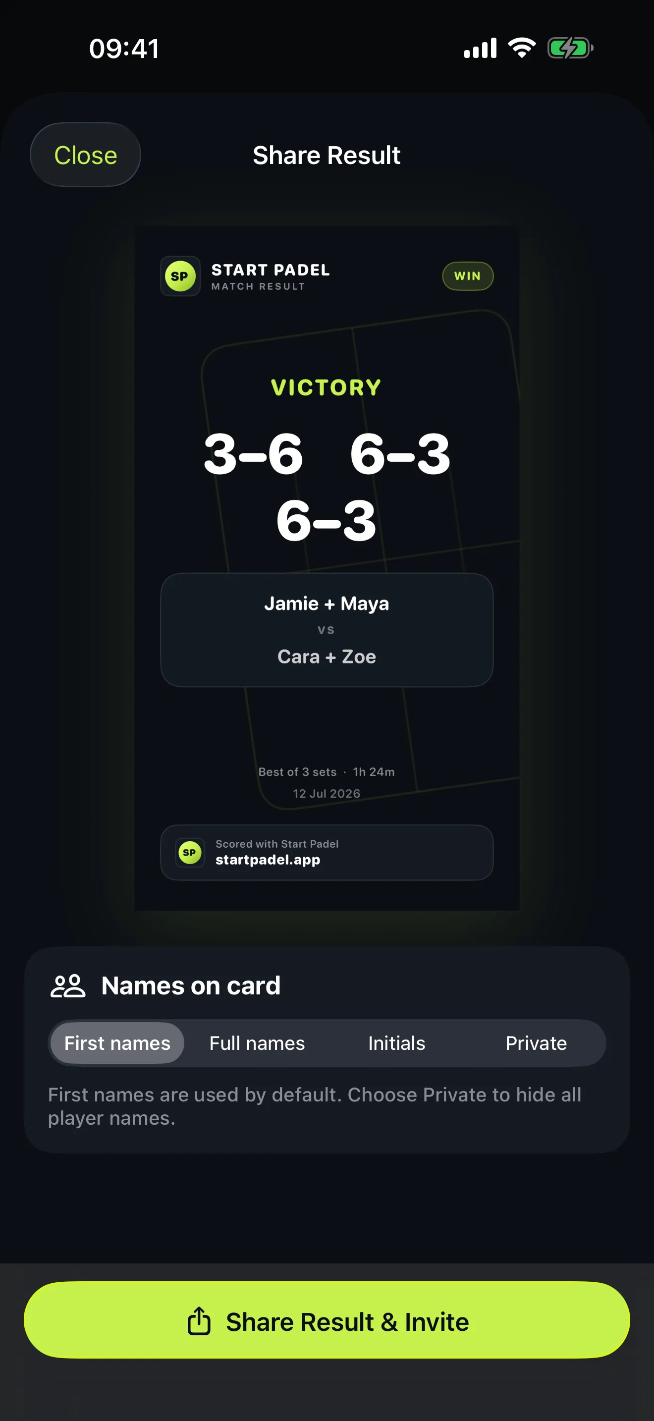 Start Padel share sheet showing a vertical match result card with the set scores and both pairs, above controls for whether first names, full names, initials or no names appear on the card.
