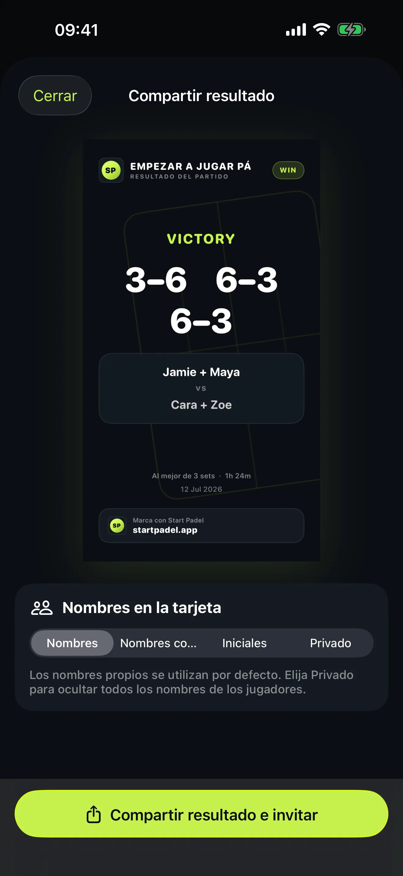 Pantalla de compartir de Start Padel con una tarjeta vertical de resultado con los sets y ambas parejas, sobre los controles para elegir si aparecen nombres de pila, nombres completos, iniciales o ningún nombre.