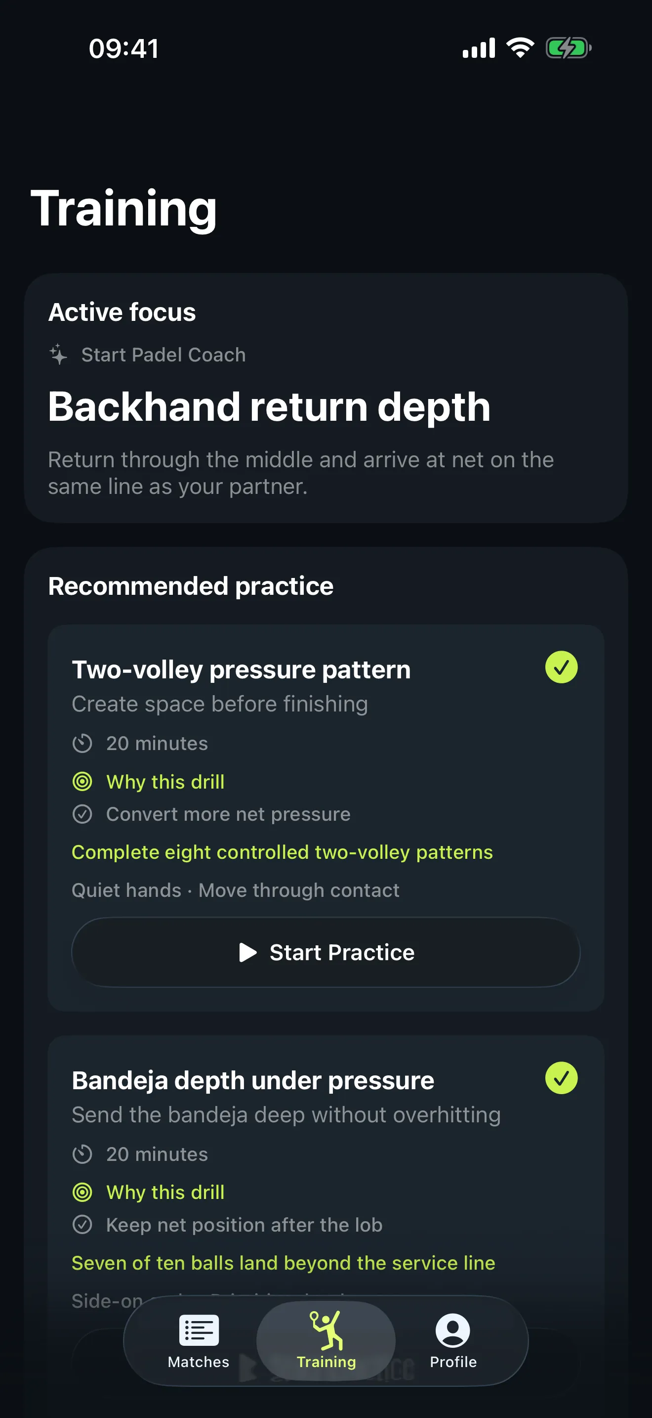 Start Padel training screen showing an active coaching focus of "Backhand return depth" with a recommended practice drill and a Start Practice button.