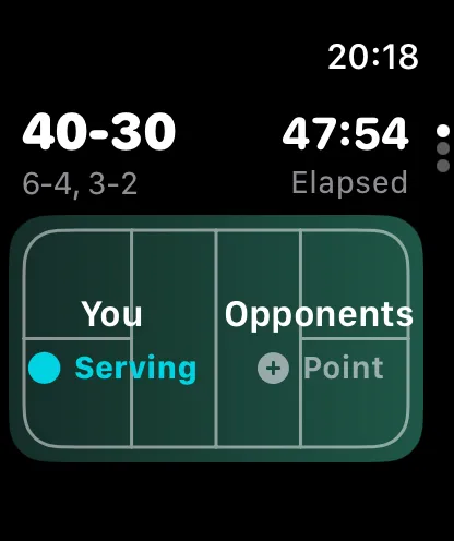 Start Padel auf der Apple Watch mit aktuellem Spielstand, Satzergebnis, verstrichener Zeit und dem Team am Aufschlag.
